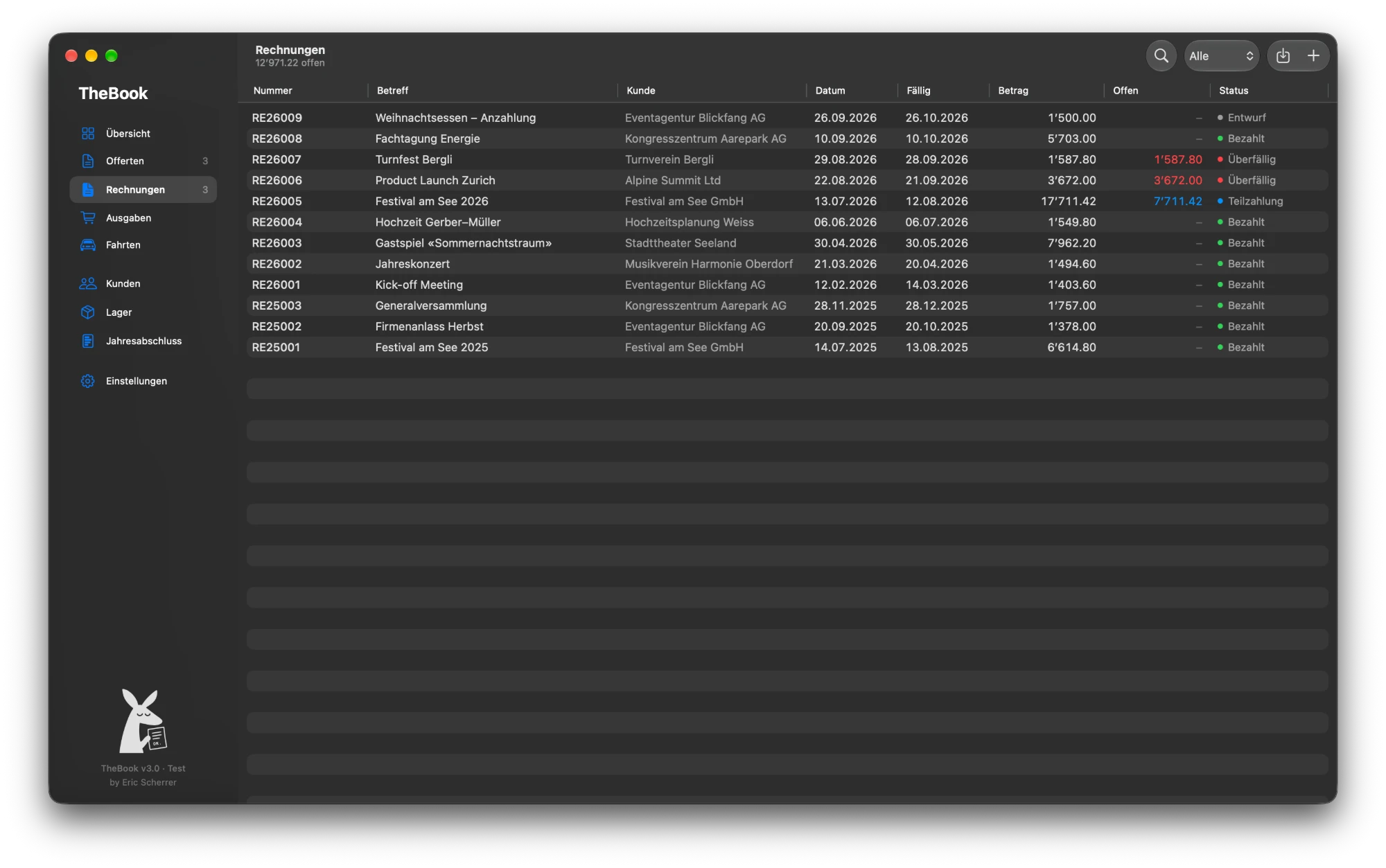 Liste der Rechnungen mit Status bezahlt, Teilzahlung und überfällig