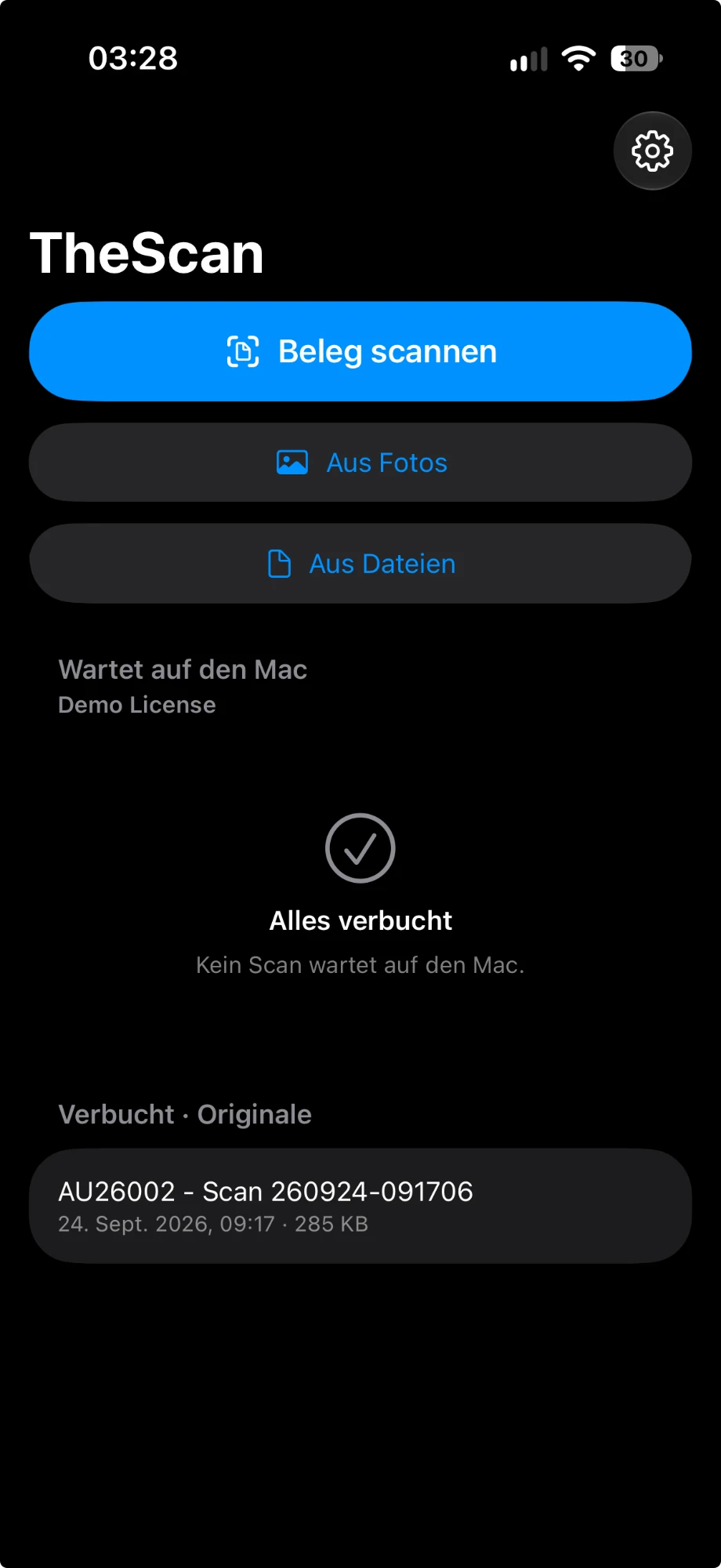 TheScan auf dem iPhone: Beleg scannen, aus Fotos oder aus Dateien, verbuchte Originale